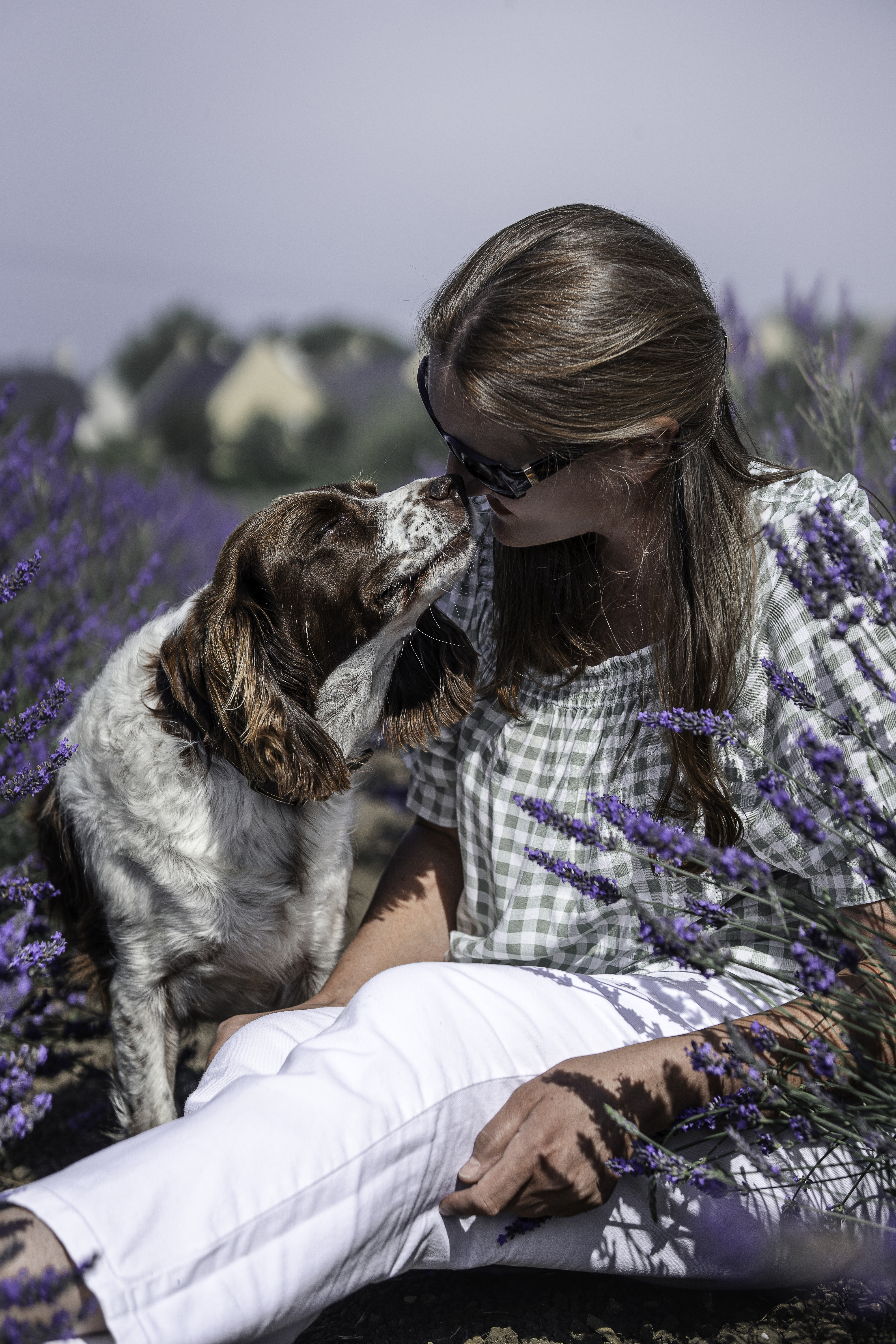 lady with dog amongst lavender